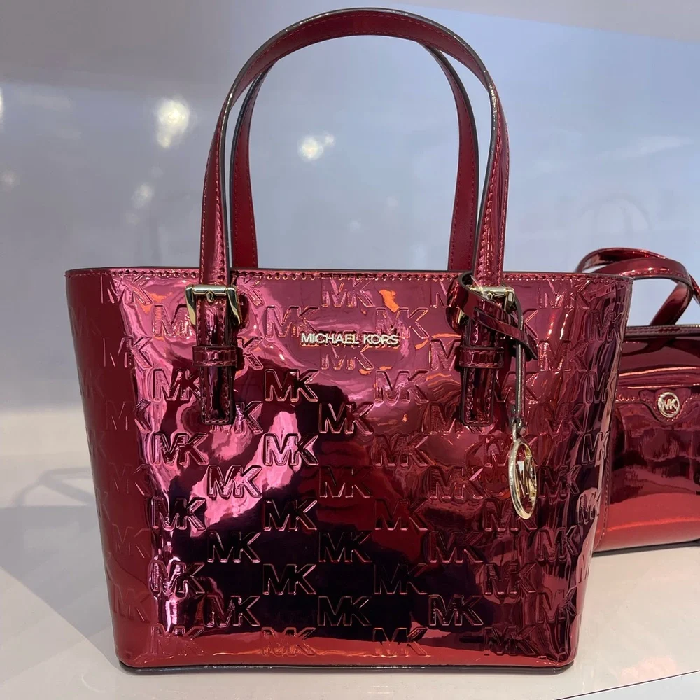 MICHAEL KORS Jet Set Extra-Sm Metallic Logo Debossed Convertible TZ Tote Cherry